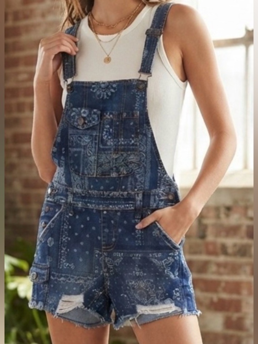 No Boundaries Blue Patchwork Distressed Denim Short Overalls